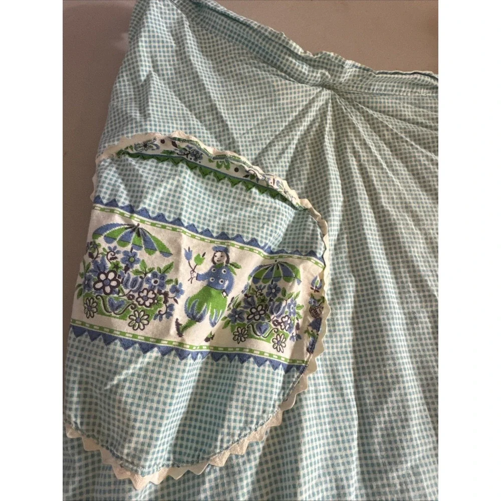 VTG Dutch Girls, Floral, Gingham Cotton Half Waist‎ Tie Apron Long